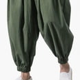 thumbnail image 5 of Men's Cotton Linen Harem Pants Drawstring Casual Cropped Trousers Lightweight Loose Beach Yoga Pants with Pockets Big and Tall Size M-5XL Green, 5 of 5