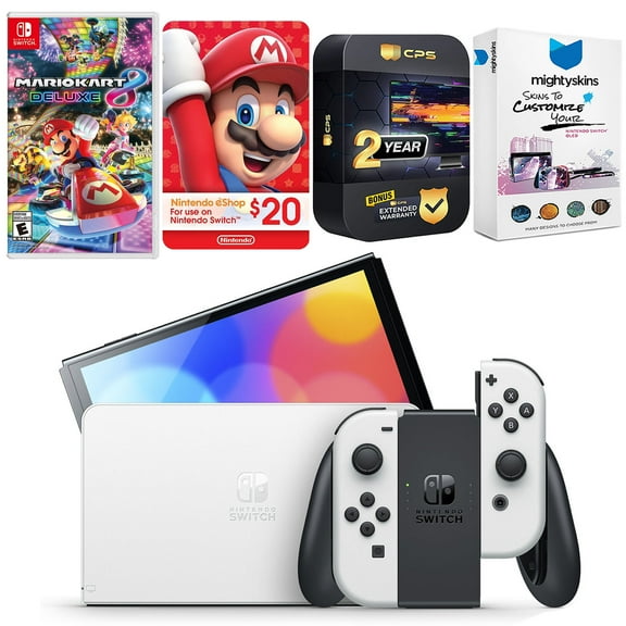 Nintendo Switch White OLED Console with Mario Kart 8 Deluxe, Nintendo $20 eShop Gift Card, MightySkins Console and Controller Skin Voucher, and 2 Year CPS Extended Warranty