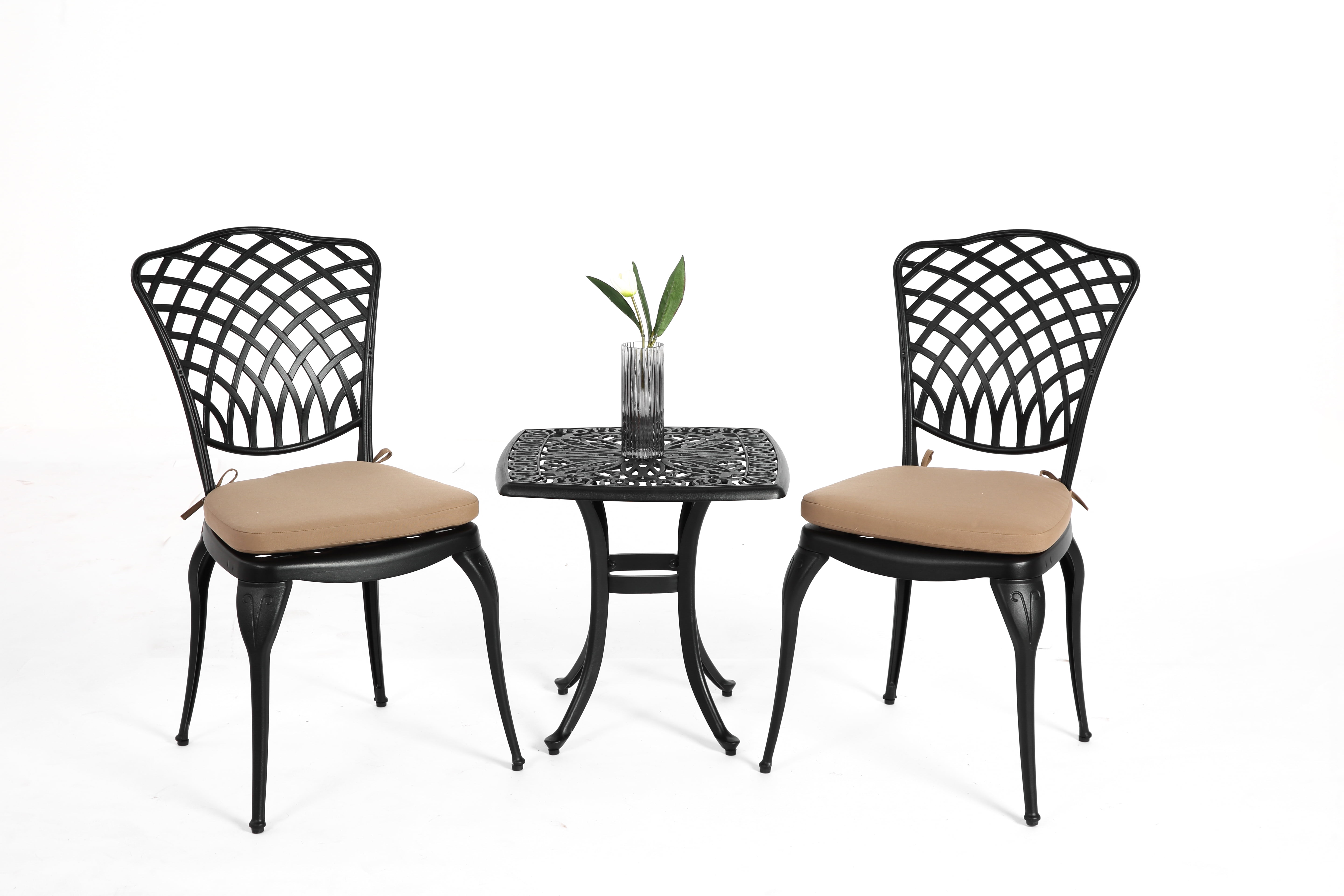 Cast Aluminum Bistro Set of 3 with Cushions, 2 Chairs and 1 Round Table for Patio and Balcony, Black