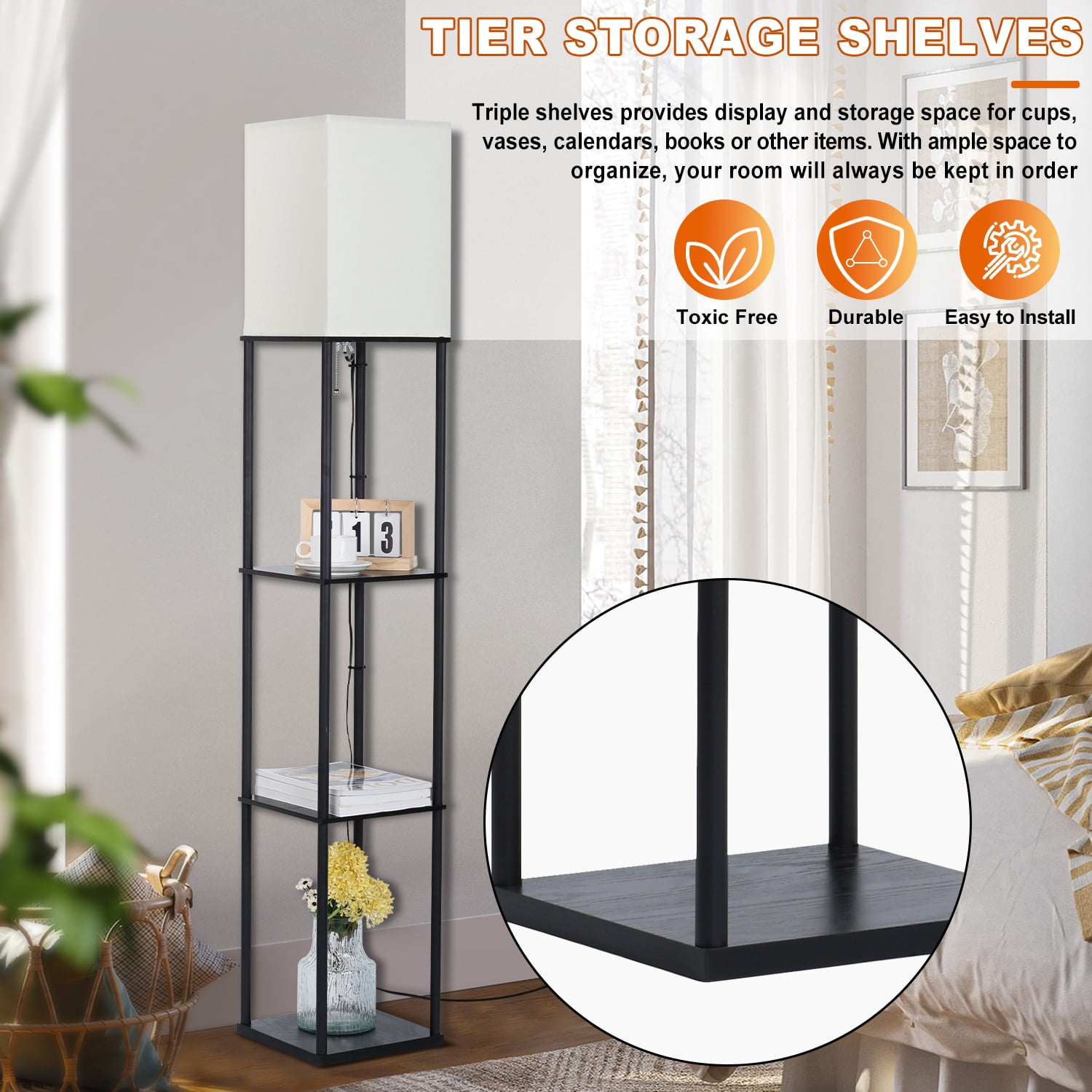 Vesteel Floor Lamp with 3-Tier Shelves, Standing Lamp with 3 Color Adjustable LED Bulb & Linen Lampshade, Modern Square Lamp for Living Room Bedroom Office Kid Room