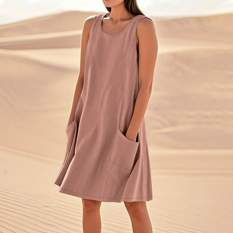 AherBiu Sundresses for Women Cotton Linen Crewneck A-Line Casual Loose  Summer Dresses Sleeveless Short Dress with Pockets