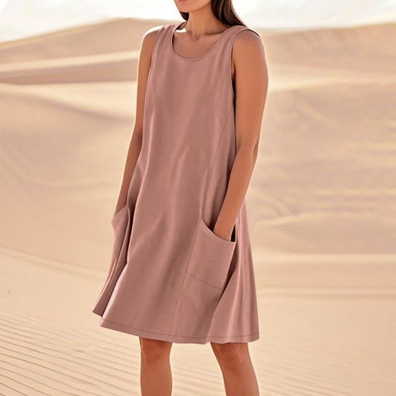 Tumotour Summer Tank Dress for Women Mini Dress V-Neck Sleeveless Sundress T-Shirt A-Line Dress Linen Dress With Pocket