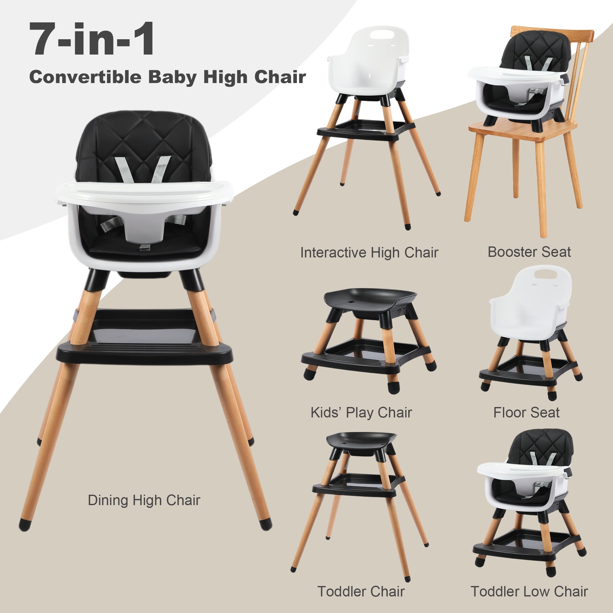 AILEEKISS 7 in 1 Wooden Baby High Chair for Toddler, Infant Feeding Chair with Removable Tray, Black