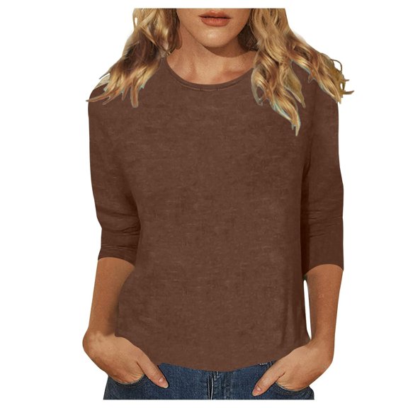 NJGRAE Cute Tops for Women Women’S Ribbed Knit Tees Women's Casual Solid Color 3/4 Sleeve Crew Neck T Shirt Comfortable Everyday Top for Relaxed Fit Women’S Casual Pocket Tees L