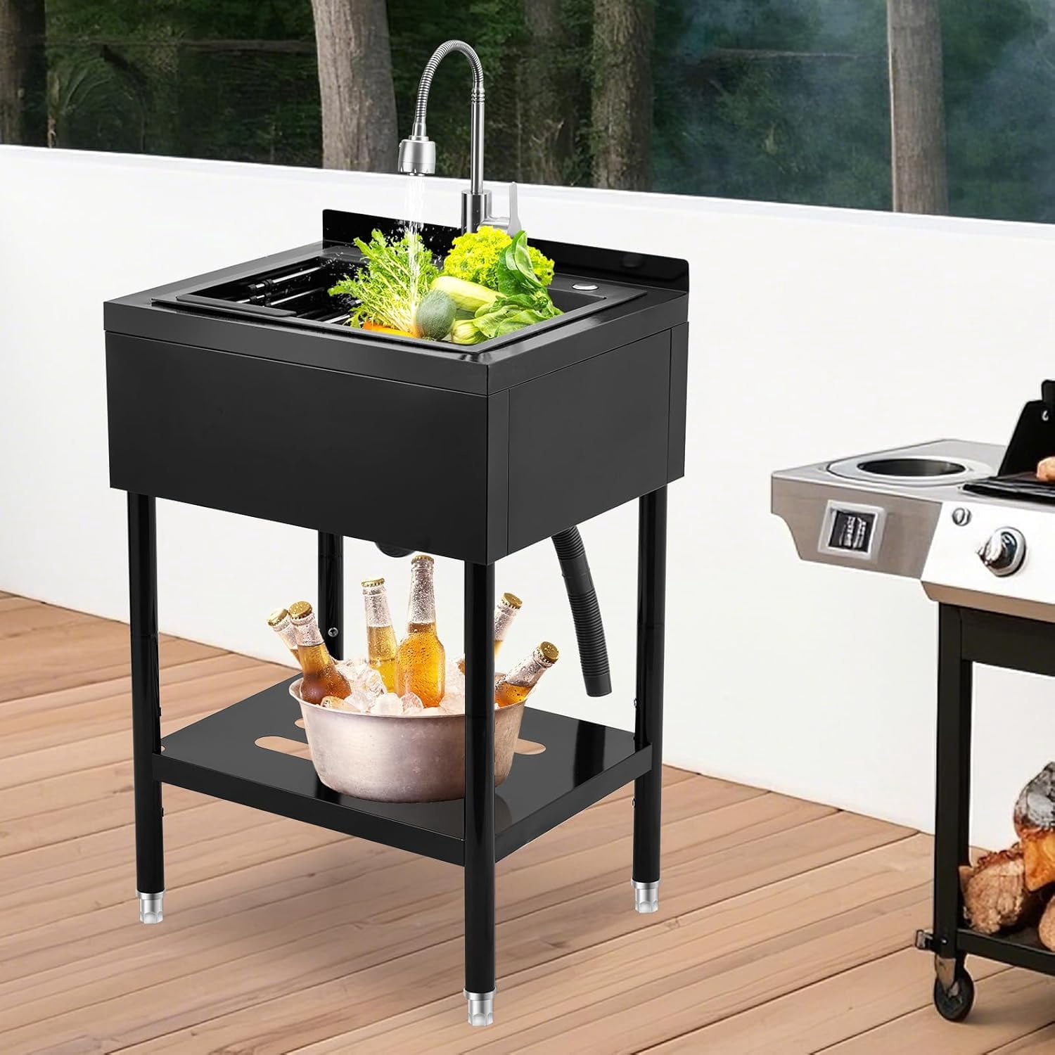 Rugerasy Stainless Steel Utility Sink,Freestanding Commercial Sink,Adjustable Leg with Hot and Cold Water Faucet,Hoses and Drain Kit,Large Laundry Tub for Kitchen,Garage,Bathroom,Outdoor Use