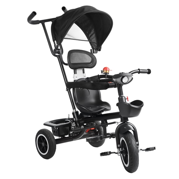 Lanzxjv Children Trike, Kids Tricycle with Adjustable Push Handle, Removable Canopy, Safety Harness, Music Headlight, Storage Basket, Kid Push Bike for 3-6 Years Old