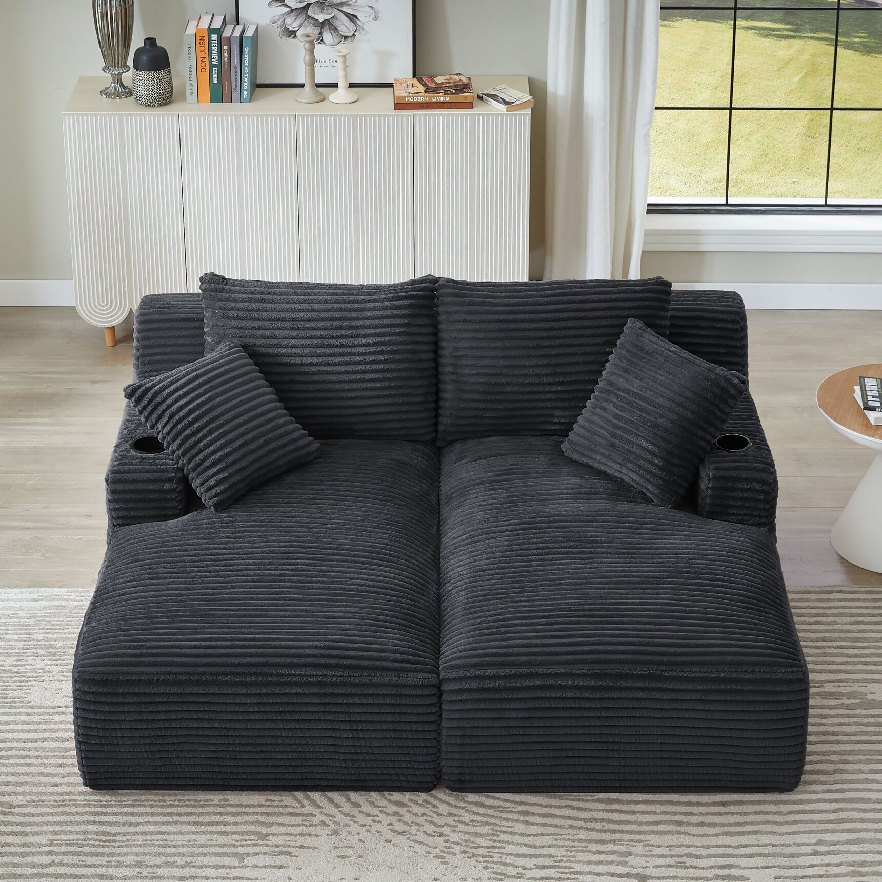 71" Oversized Double Chaise Lounges Indoor, Upholstered Corduroy Sofa Bed with Dual Cup Holders, Sectional Sleeper Loveseat for Living Room, Dark Grey