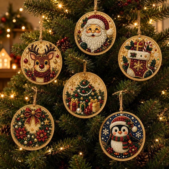 6PCS Christmas Ornaments DIY Pearl Diamond Painting Kit, Rhinestone Art, Hemp Rope Included, Holiday Tree Decor, 6 Festive Designs, Pendant Style