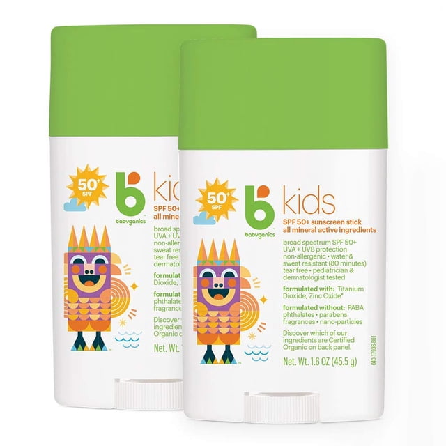 Protector solar en barra Babyganics SPF 50 para niños, tamaño de viaje, 50 ml, x2