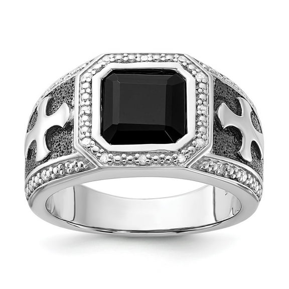 White Night Diamonds White Night Sterling Silver Black Rhodium-plated Diamond and Onyx Cross Men's Ring