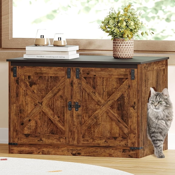 Hzuaneri Cat Litter Box Enclosure with Divider, Hidden Litter Box Furniture for 2 Cats, Rustic Brown