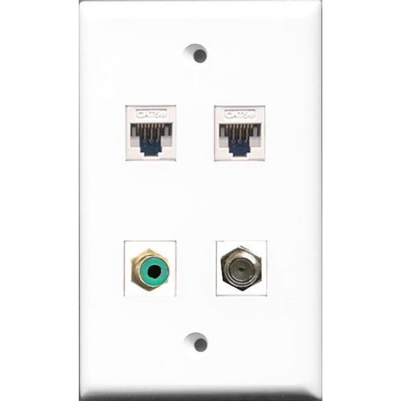 RiteAV - 1 Port RCA Green and 1 Port Coax Cable TV- F-Type 2 Port Cat5e Ethernet White Wall Plate
