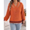 thumbnail image 4 of Women Vintage Knit V-Neck Hollow Contrast Stripe Lantern Long Sleeve Loose Knit Pullover Sweater Orange XL, 4 of 10