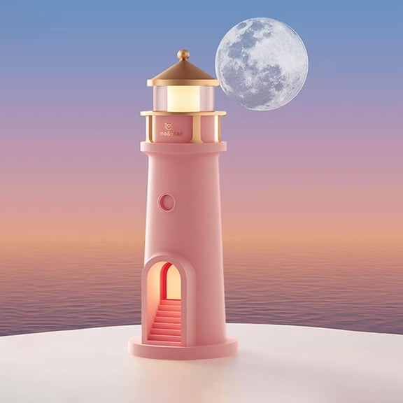 Pink Lighthouse Night Light with Moon Projection, Bluetooth Speaker & White Noise - Rechargeable, Dimmerable Table Lamp for Bedroom - Birthday Gifts for Kids Girls Women