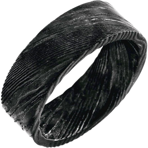 Damascus Steel Polished Flat Black Patterned Band Size 11 Ring for Women and Men - 10.0 Grams