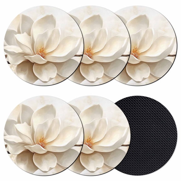 White Vintage Magnolia Flowers Coasters for Drinks,Absorbent Non Slip Rubber Drink Coasters Set of 6 for Cup,Table,Bar,Home Decor, Rustic Floral Botanical
