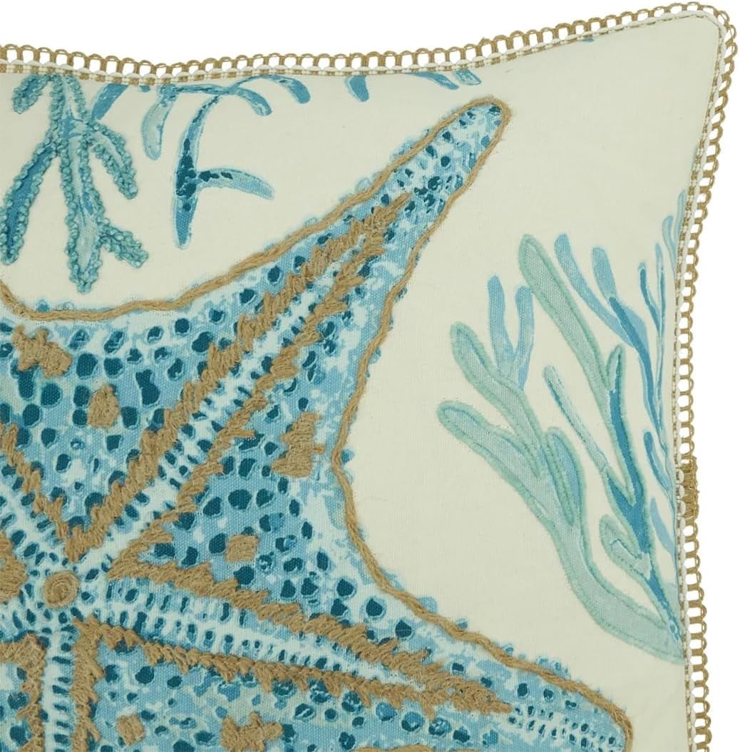 Fennco Styles Sea Animals Starfish Cotton Decorative Throw Pillow Cover 20"W x 20"L – Aqua Nautical Sea Creatures Cushion Case for Couch, Sofa, Bedroom, Office and Living Room Décor
