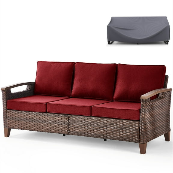 Bellefurn Patio 3-Seat Sofa Outdoor Wicker Couch with Sofa Cover Waterproof Set,All-Weather Wicker Rattan Deep Seat Couch for Outdoor,Backyard,Red