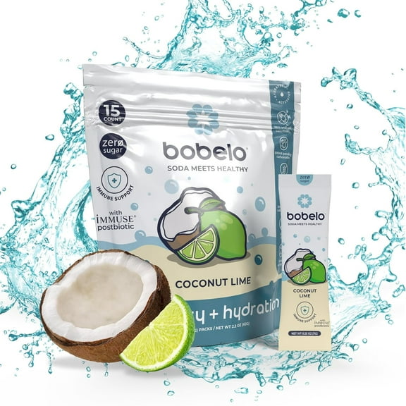 Bobelo Coconut Lime, Electrolyte Powder Drink Mix with Immuse Postbiotic, on-The-Go, 0.25 oz, 15 Ct