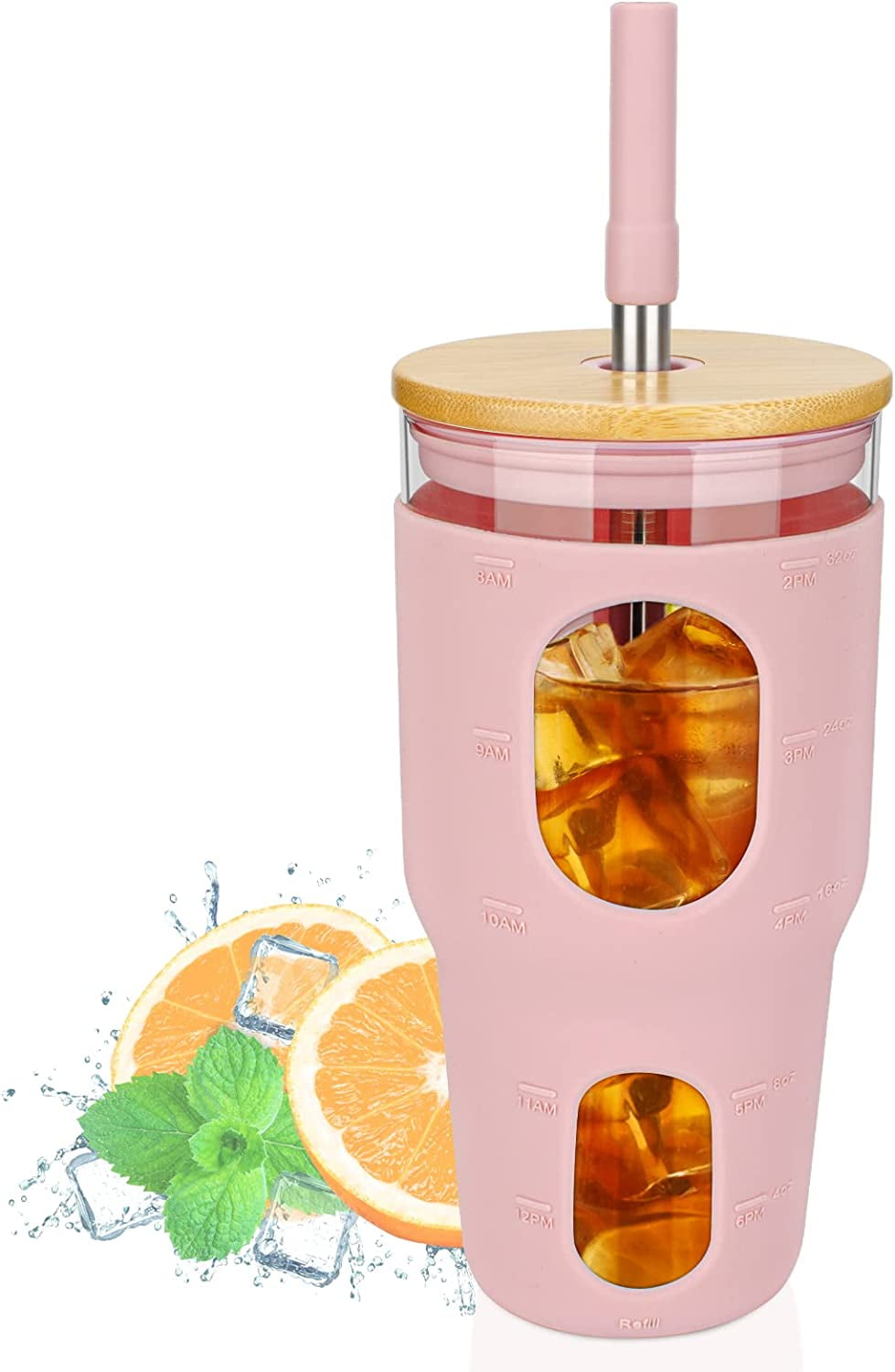 tronco 36 oz Glass Tumbler with Straw and Lid with Marker and