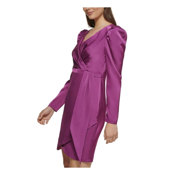 GUESS Womens Purple Zippered Pleated Asymmetrical Hem Pouf Sleeve Surplice Neckline Above The Knee Party Fit + Flare Dress 8