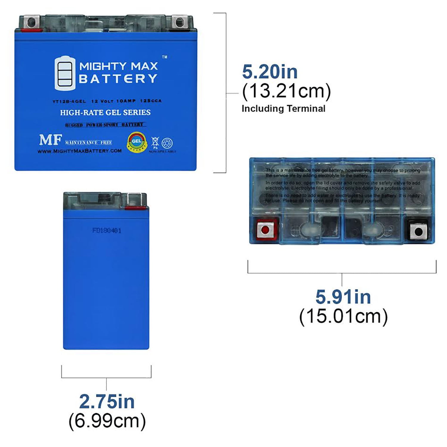 YT12B-4 GEL -12 Volt 10 AH, GEL Type 125 CCA, Rechargeable Maintenance Free SLA AGM Motorcycle Battery