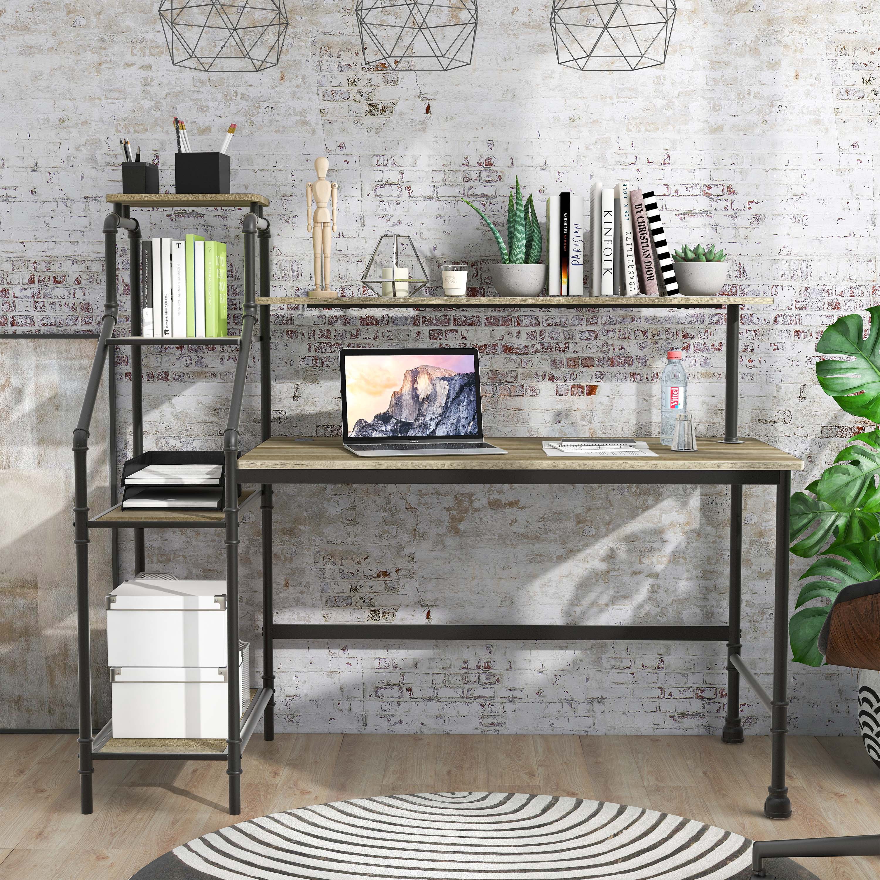 Furniture of America Asher Metal 61-in Corner Desk with LED, Light Oak