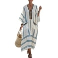 thumbnail image 3 of IFNWSV Robes Grande Taille, Robe Longue Ample à Rayures à Manches Mi-Longues et Col en V avec Poche Style Mode Décontracté, Robes d'Été pour Femmes Bleu 4TG, 3 of 4