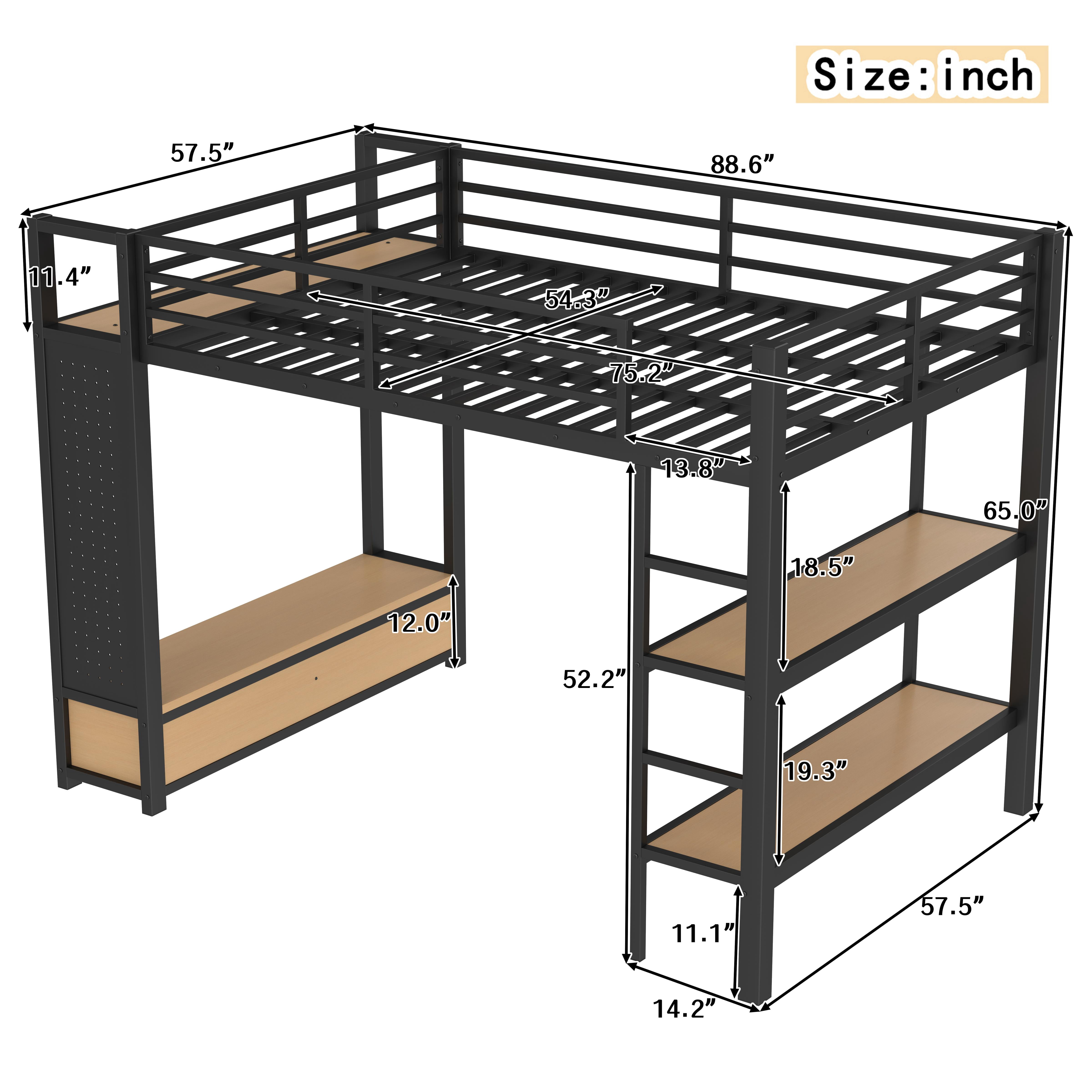 Mintazer Full Size Loft Bed with Pegboard and Wardrobe, Metal Platform Storage Bed with 2 Drawers & 4 Shelves for Bedroom Dorm, Black