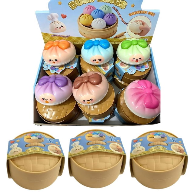 Dumpling Squishies Mystery Box, Colorful Glitter Steamed Bun Stress Ball, Soft Sensory Fidget Toy with Steamer for Kids & Adults, Stocking Stuffer