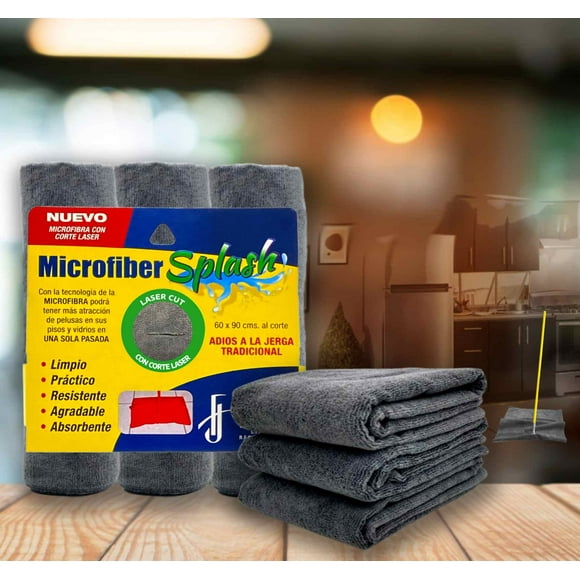Microfibra Paño de Limpieza de Microfibra Extra Grande con CORTE LASER de 60 x 90 cms, paquete de 3pzs, Gris, Limpiador de Pisos, Multiusos, Lavable y reutilizable, sin pelusa, (mango no incluido)