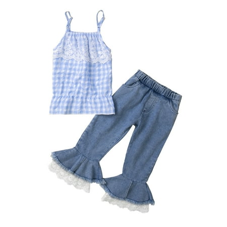 

ZIYIXIN Fashion Little Girls 2pcs Clothes Lace Plaid Printed Sleeveless Vest Tops+Denim Flare Pants Sets Blue 3-4 Years