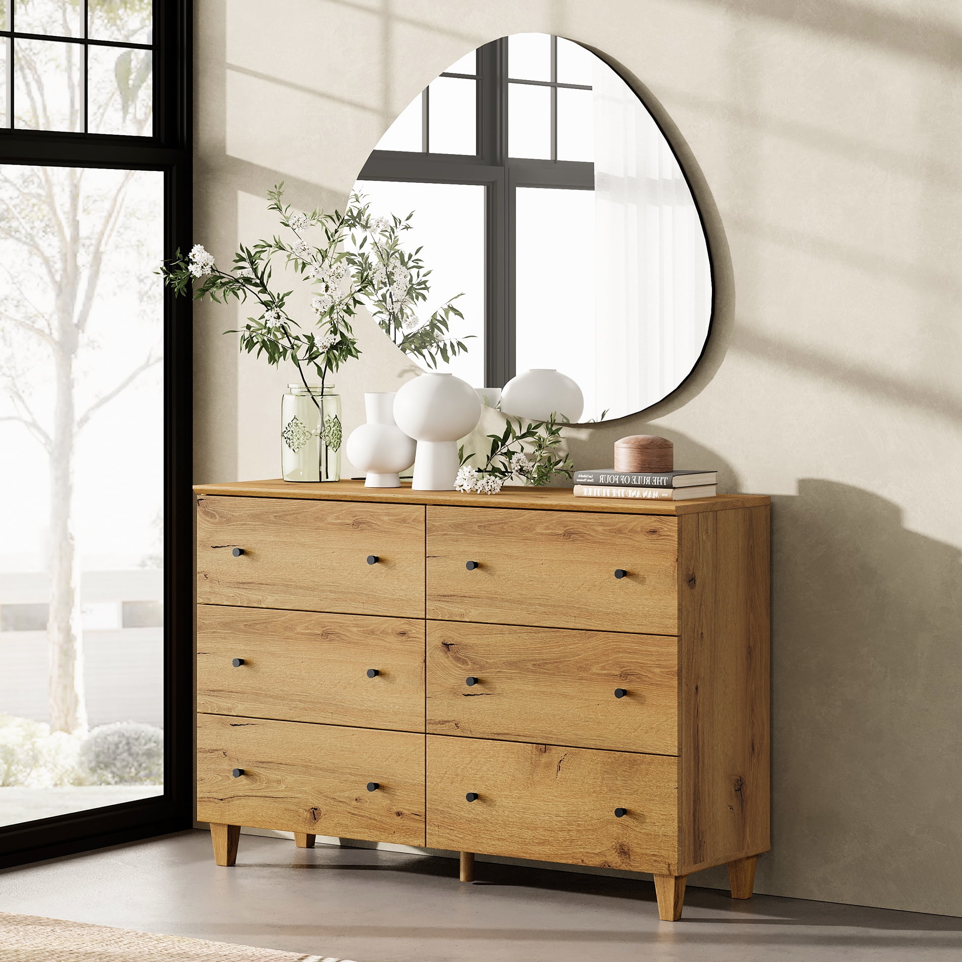 WAMPAT Dresser with 6 Drawers for Bedroom, Wooden Chest of Drawers, Modern Closet Storage Organizer Unit with Solid Wood Legs for Living Room, Hallway, Nursery, 47.2x15.4x32.4, Oak Brown
