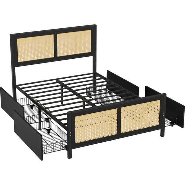 Boho Rattan Bed Frame with 7-Color LED Headboard – Cane Platform, 4 Large Storage Drawers, Strong Metal Slats, Noise-Free, No Box Renewal Needed, Easy Assembly