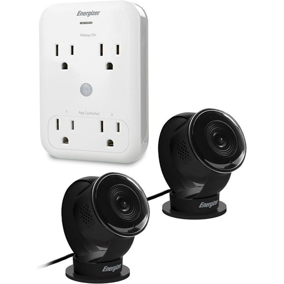 Energizer Smart Wi-Fi Indoor Camera 2-Pack with Smart Wall Tap Outlets, 1080P, Cloud/Micro-SD Card Recording, 2-Way Audio, Night Vision, Remote Access, Motion Alerts, Activity Zones, 2.4GHz Wi-Fi