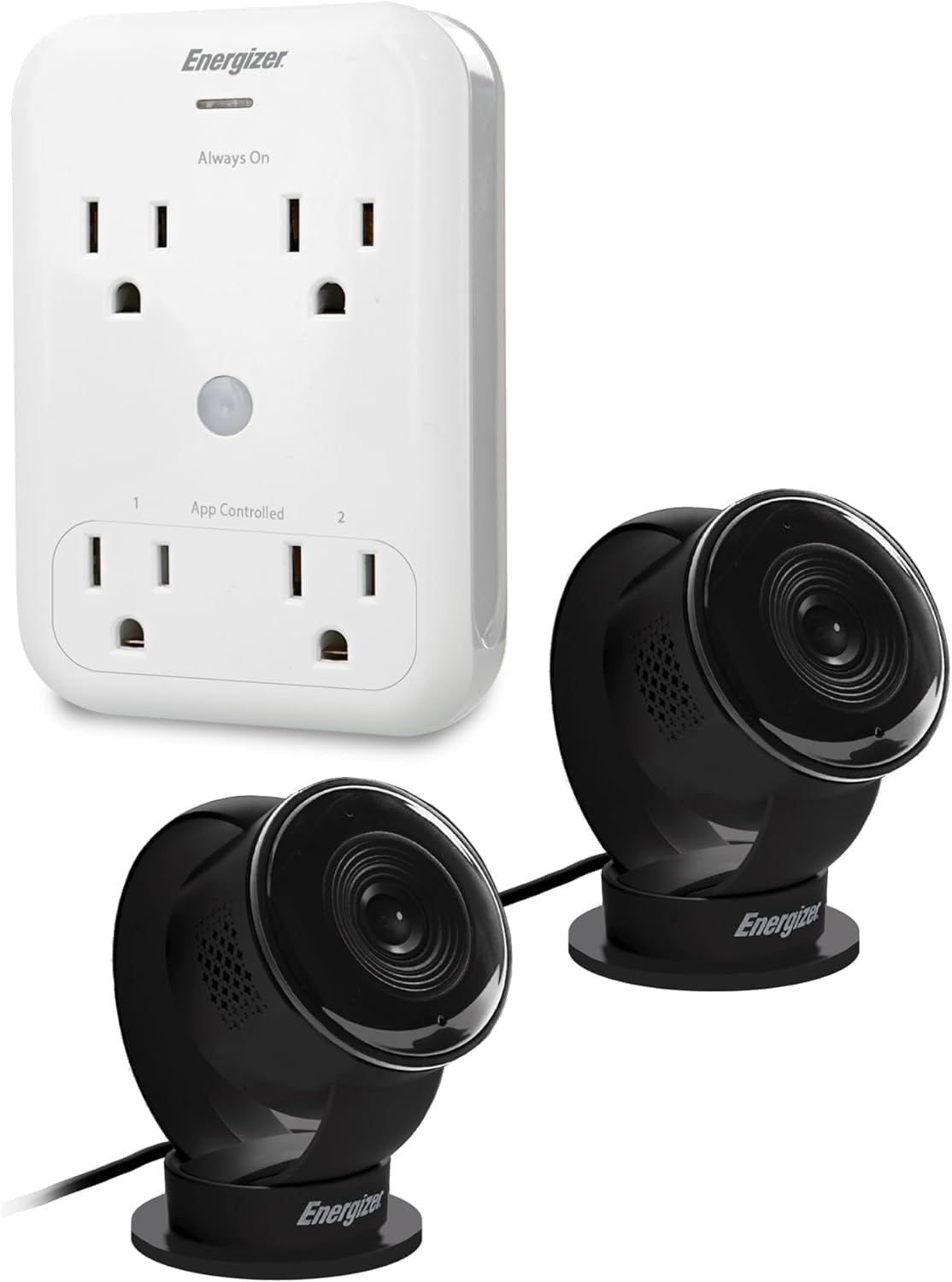 Energizer Smart Wi-Fi Indoor Camera 2-Pack with Smart Wall Tap Outlets, 1080P, Cloud/Micro-SD Card Recording, 2-Way Audio, Night Vision, Remote Access, Motion Alerts, Activity Zones, 2.4GHz Wi-Fi