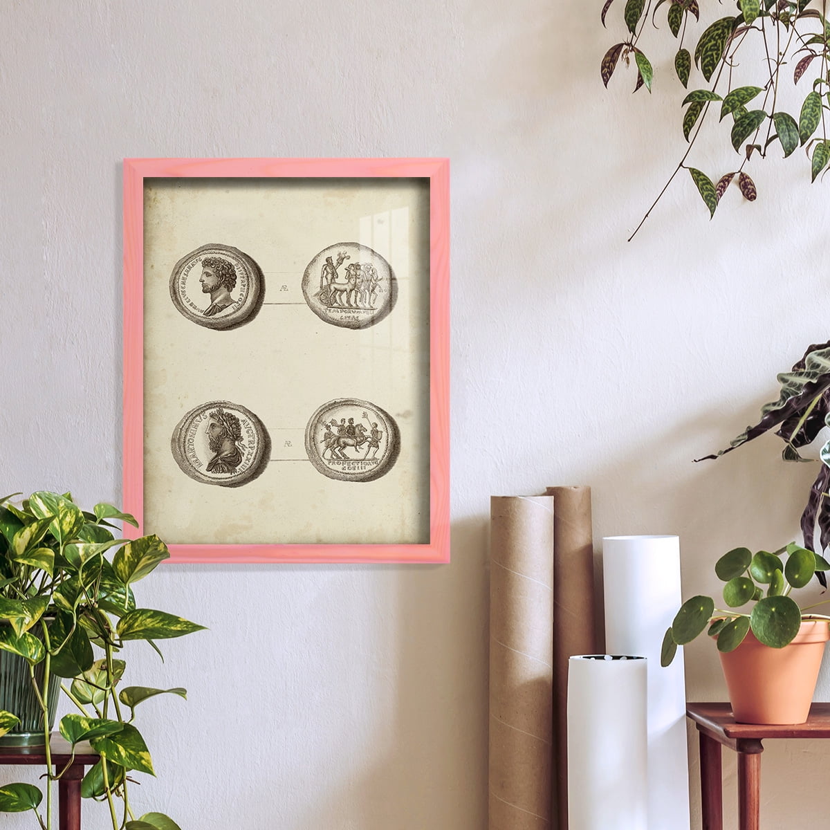 Antique Roman Coins VI -Framed Print w/glass-Sunset Pink