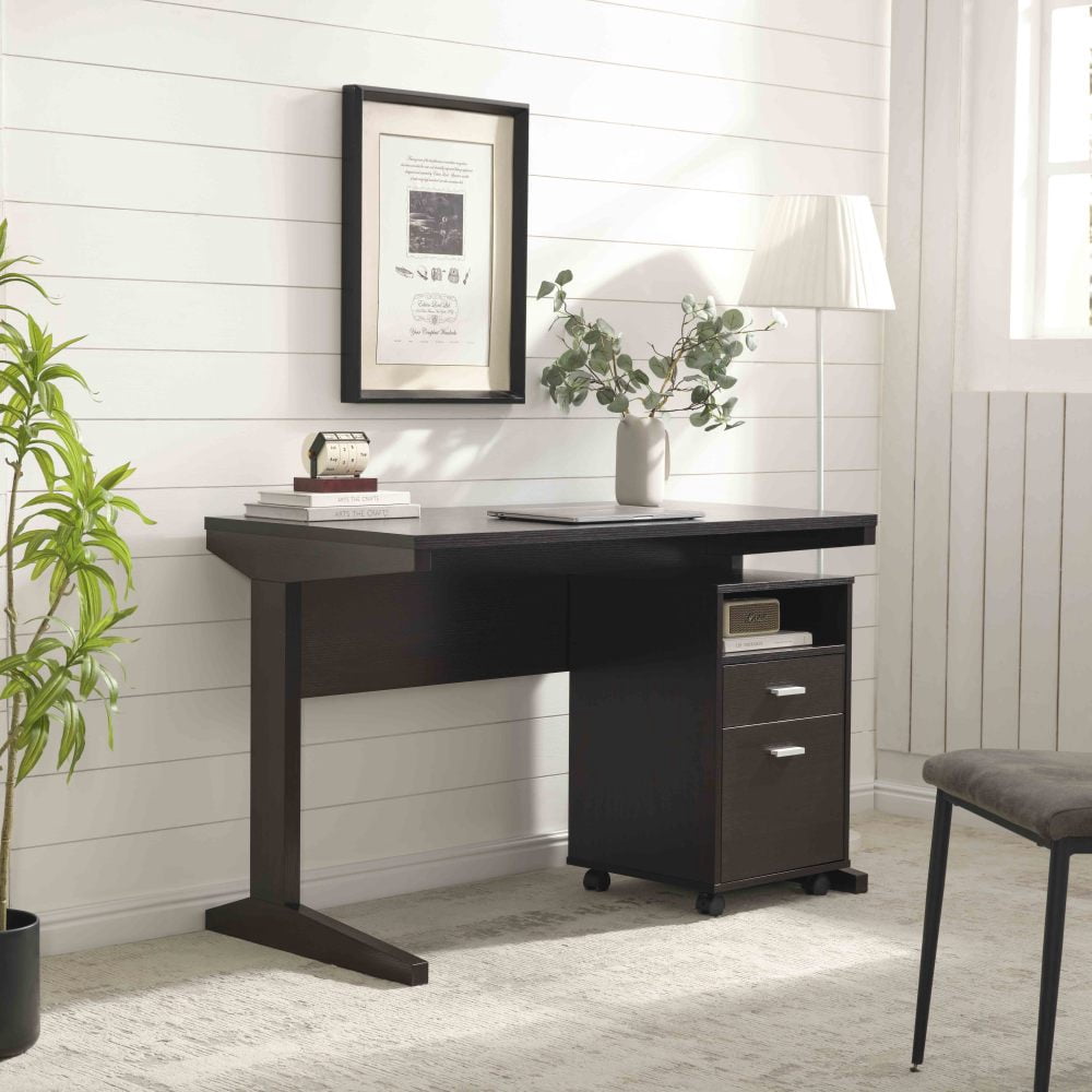 Home office desk with modesty panel and detached file cabinet on locking wheels with two drawers file drawer cubby shelf metal bar handle Cocoa color