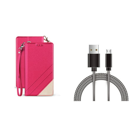 BC Synthetic PU Leather Magnetic Flip Cover Wallet Case (Hot Pink) with Metal Micro USB Cable (3 Feet) and Atom Cloth for Samsung Galaxy Amp Prime 3 2018