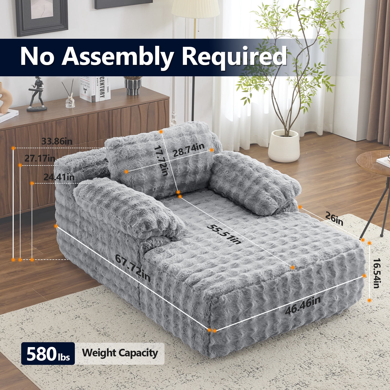 Ktaxon 68" Lounge Chair, Bubble Fleece Fabric Sofa Bed, Boneless Sleeper Chaise with Removable Backrest & Pillow-Top Armrests for Living Room Light Gray