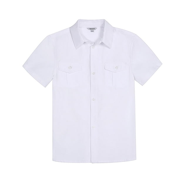 Bienzoe Boys Button Up Shirt: Short Sleeve Kids Dress Collared Shirts Two Pockets White 14
