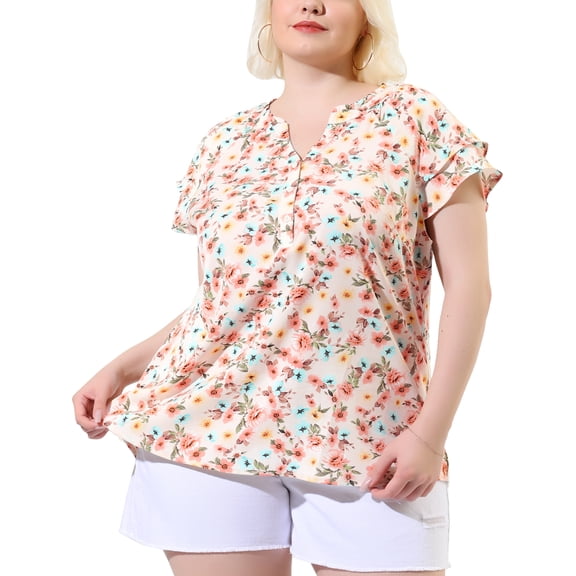 Unique Bargains Juniors' Plus Size Short Sleeve Floral Tiered Button Peplum Blouse 4X Pink