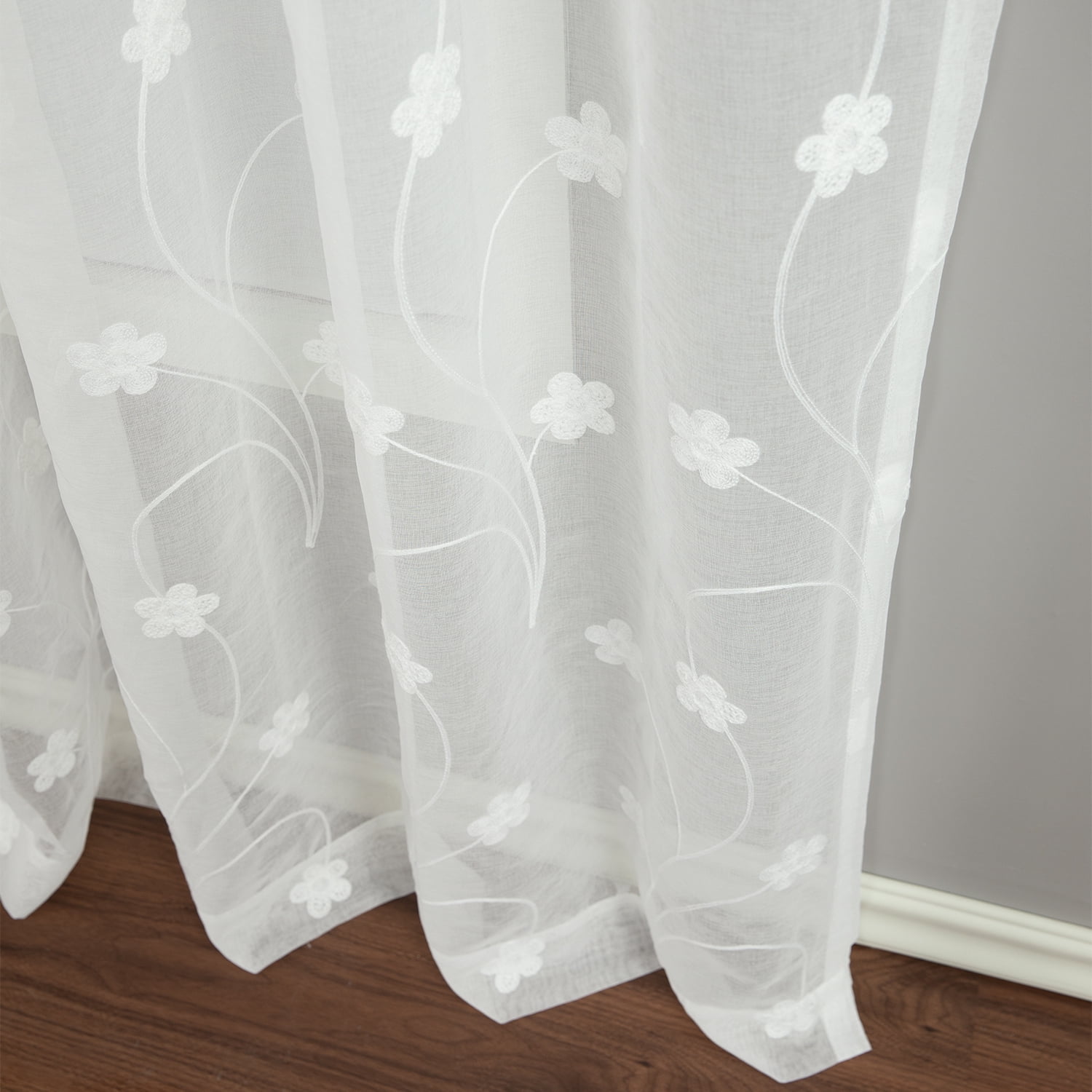 VOGOL Decor White Flower Embroidered Sheer Curtain Panels Set of 2, Farmhouse Airy Voile Sheer for Bedroom, 52x96 inches, Rod Pocket