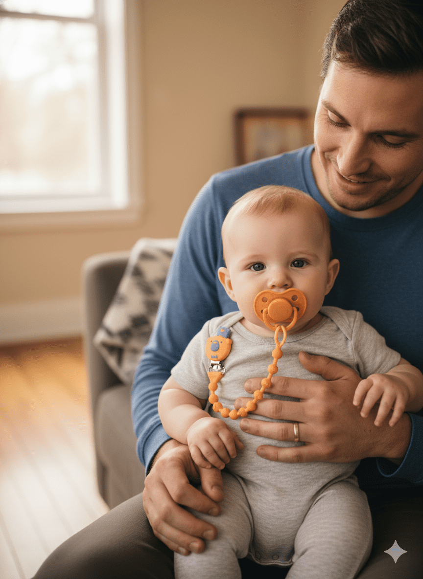 Papa’s Bear From Daddy with Love Silicone Pacifier Clip, Orange and Purple Pacifier Holder for Babies, 1 Count