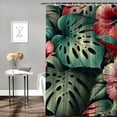 thumbnail image 2 of Awypu Chic Modern Bathroom Decor Summer Tropical Leaves Monstera Palm Leaf Flower Green Plant Hawaiian Pink Red Floral Waterproof Shower Curtain White, 2 of 7