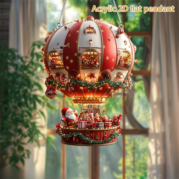 Dserfhy Christmas Hot Air Balloon Ornaments 2D Acrylic Xmas Tree Pendant Cartoon Santa in Hot Air Balloon Hanging Decoration for Trees Doors Windows Decor