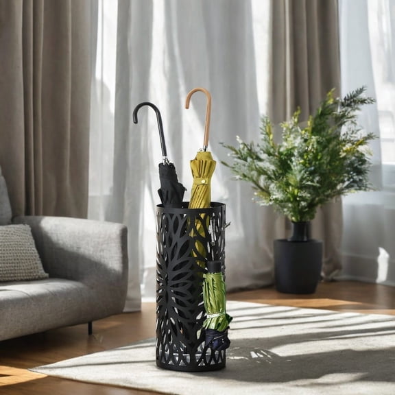 LEDREM Steel Umbrella Stand, Entryway Organizer with Detachable Drip Tray, 4 Hooks for Canes & Walking Sticks, Freestanding, Matte Black