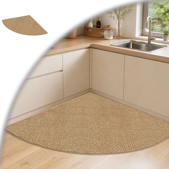 Non- Corner Kitchen Rug - Absorbent Braided Floor Mat for Sink Areas, Washable Circular Sector Mat with Rubber Backing, Imitation Linen Kitchen Carpet
