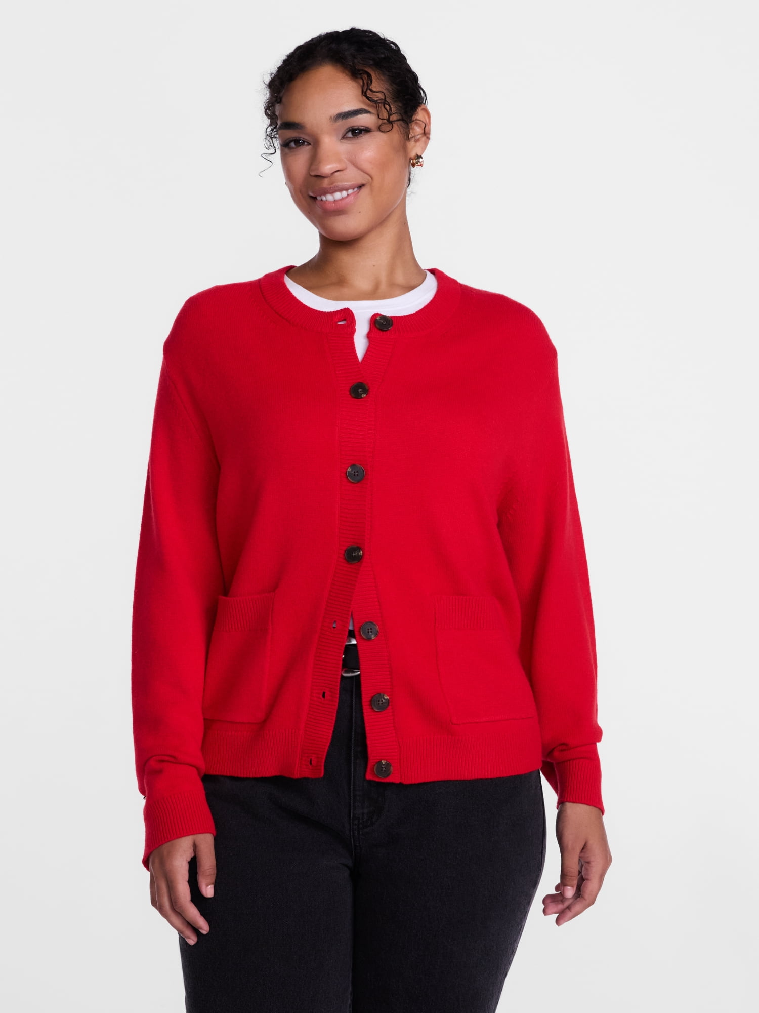 Scenario Women's Crewneck Cardigan with Patch Pockets, Lightweight, Sizes XS-XXXL
