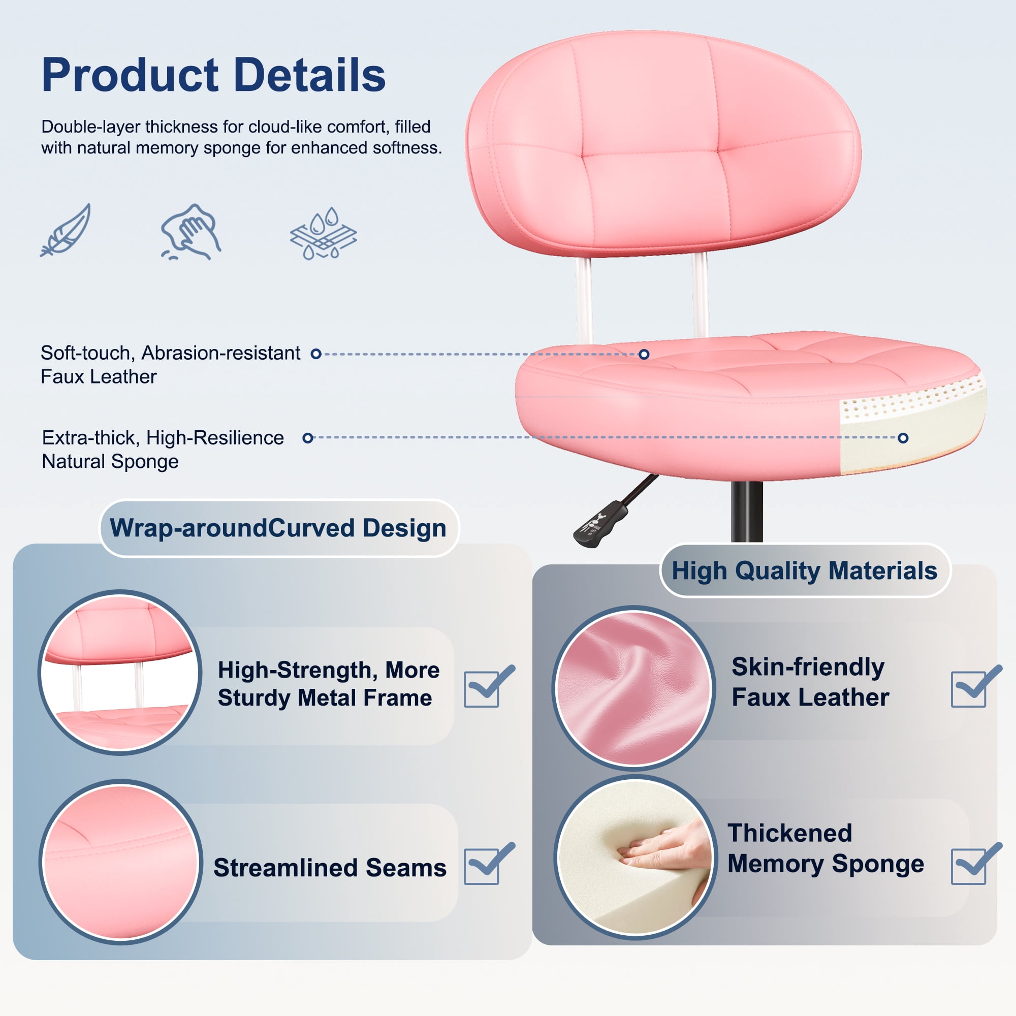 Misolant Vanity Chair with back, Small Armless Cute office Chair with wheels and Lumbar support, Comfy PU Leather Desk Computer Chairs with Adjustable Height, 360°Swivel for Home Bedroom Office